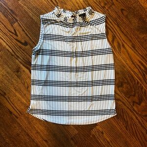 Ann Taylor Factory White/Black Stripe Ruffle Collar Blouse- Size Medium